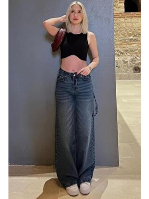 Madmext Kadın Mavi Straight Wide Jean MG1995 Pamuklu 5 Cep Düz Desenli Rahat Kesim