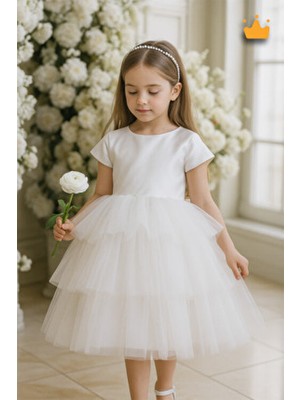 Minimony 4-8 Yaş Inci Taçlı Katlı Tül Etekli Kız Çocuk Abiye Elbise Bayramlık Gelinlik Beyaz 6572