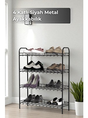 Sevinse Home Dört Katlı Siyah Metal Ayakkabılık, 4'lü Ayakkabı Düzenleyici Raf