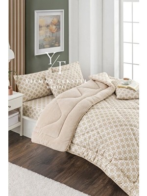 ChicMaison Bej Zincir Desenli Çift Kişilik Pofuduk Uyku Seti Ranforce 195 x 215 cm Lastikli Çarşaflı