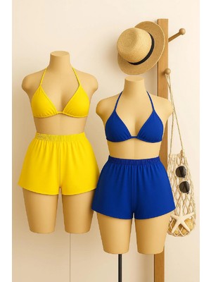 Marsilyan- Kadın Sarı ve Mavi Şortlu Belden ve Boyundan Bağlamalı Bikini Takımı