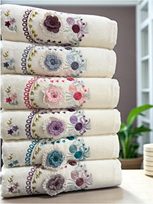 ayhanhome 3D El Işleme Çiçek Nakışlı 6 Adet 50X90 El Yüz Havlu Seti