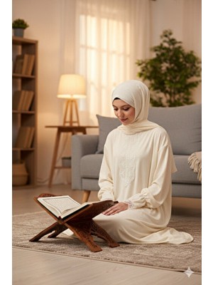 Defkay Düz Renk Kadın Namaz Elbisesi Uzun Kol Krem Pamuk-Polyester Malzeme ile Şık Tasarım
