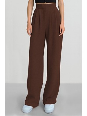 Alinda Kadın Cırtlı Yüksek Bel Bol Paça Kahverengi Palazzo Pantolon Orta Kalınlıkta Kumaş