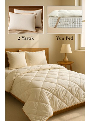 Çift Kişilik 4 Parça %100 Doğal Yün Uyku Seti | Yorgan + Ped + 2 Adet Yastık Çeyiz Seti