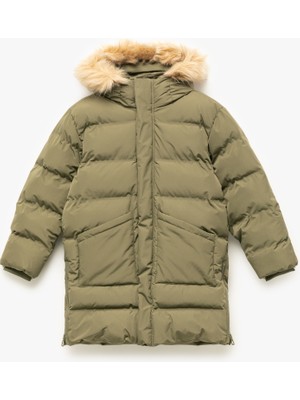 Koton Peluş Detaylı Uzun Kollu Fermuarlı Cepli Uzun Kapşonlu Şişme Mont