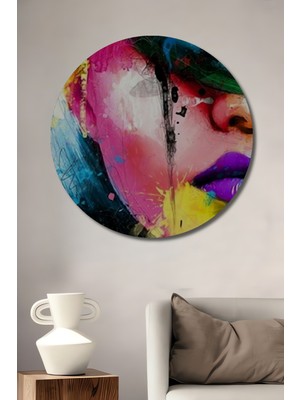 Teona Ahşap Rengarenk Kadın Portresi Yağlı Boya Görünümlü Modern Sanat Ahşap Tablo Yuvarlak Tablo
