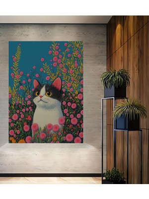 Teona Ahşap Pembe Çiçekler Içinde Saklanan Sevimli Kedi Yağlı Boya Görünümlü Ahşap Tablo Dikdörtgen Tablo