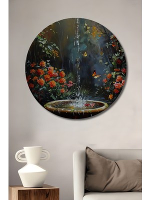 Teona Ahşap Yağlı Boya Görünümlü Kelebekli Şelale Çiçek Tablosu Ahşap Dekoratif Tablo Yuvarlak Tablo