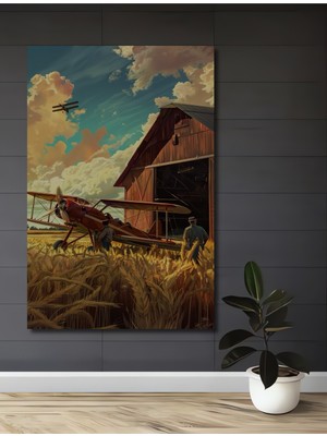 Teona Ahşap Ahşap Dekoratif Tablo Uçak ve Çiftlik Yağlı Boya Görünümlü Sanat Eseri Dikdörtgen Tablo