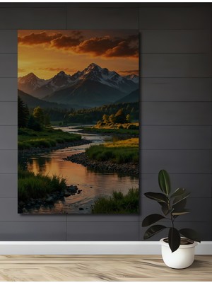 Teona Ahşap Muhteşem Gün Batımı Dere Manzarası Yağlı Boya Görünümlü Dekoratif Ahşap Tablo Dikdörtgen Tablo
