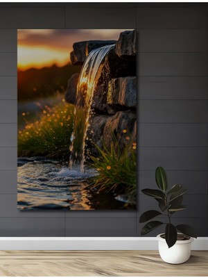Teona Ahşap Günbatımında Şelale Yağlı Boya Görünümlü Ahşap Dekoratif Tablo Dikdörtgen Tablo