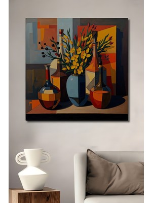 Teona Ahşap Modern Sanat Yağlı Boya Görünümlü Çiçek Vazo ve Şişeler Ahşap Dekoratif Tablo Dikdörtgen Tablo