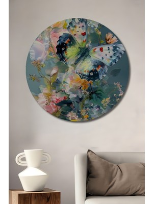 Teona Ahşap Renkli Kelebekler ve Çiçekler Sulu Boya Görünümlü Dekoratif Ahşap Tablo Yuvarlak Tablo