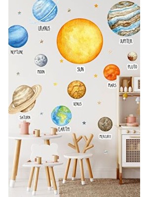 Msticker Eğitici Gezegenler Sticker Seti - Düz Desenli Çocuk Bebek Odası Temalı Sticker