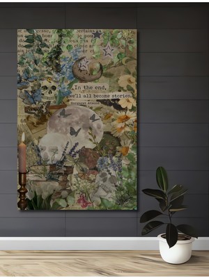 Teona Ahşap Bohem Sanat Sulu Boya Görünümlü Ahşap Tablo Kelebekler ve Kurukafalar Ay Işığı Dolunay Temalı