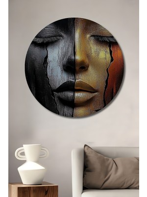Teona Ahşap Siyah Beyaz Yağlı Boya Görünümlü Modern Sanat Kadın Portresi Ahşap Dekoratif Tablo Yuvarlak Tablo