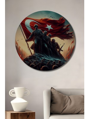 Teona Ahşap Kahraman Türk Askerleri Yağlı Boya Görünümlü Ahşap Dekoratif Tablo Yuvarlak Tablo