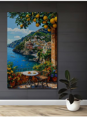 Teona Ahşap Akdeniz Esintili Limon Ağaçlı Sahil Manzarası Sulu Boya Görünümlü Ahşap Tablo Dikdörtgen Tablo