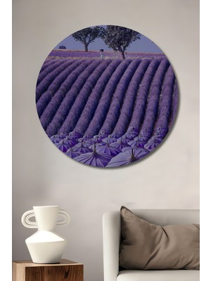 Teona Ahşap Mor Lavanta Tarlaları Yağlı Boya Görünümlü Ahşap Dekoratif Tablo Yuvarlak Tablo