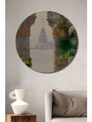 Teona Ahşap Kız Kulesi Manzarası Suluboya Görünümlü Sanat Tablosu Ahşap Dekoratif Tablo Yuvarlak Tablo