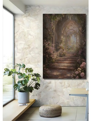 Teona Ahşap Masalsı Bahçe Merdivenleri Yağlı Boya Görünümlü Ahşap Dekoratif Tablo Dikdörtgen Tablo