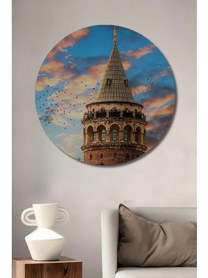 Teona Ahşap Galata Kulesi Yağlı Boya Görünümlü Modern Sanat Ahşap Dekoratif Tablo Yuvarlak Tablo