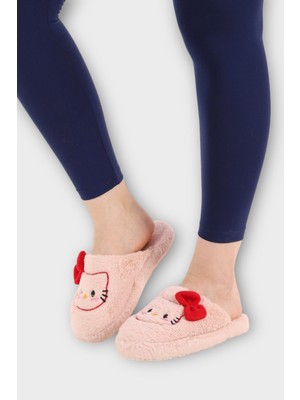 Liger Hellokitty Figürlü Sıcak Tutan Kışlık Kadın Ev Terliği Pudra-Kırmızı