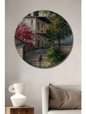 Teona Ahşap Sulu Boya Görünümlü Köy Evi Ahşap Dekoratif Tablo Yuvarlak Tablo