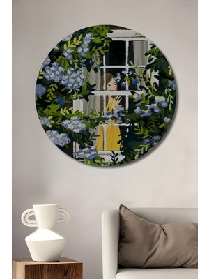 Teona Ahşap Pencereden Bakan Kadın Mavi Kelebekler Çiçekler Sulu Boya Görünümlü Ahşap Tablo Yuvarlak Tablo