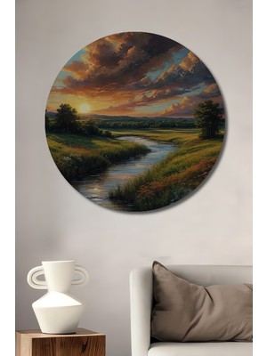 Teona Ahşap Gökyüzü Yağlı Boya Görünümlü Nehir Manzarası Dekoratif Ahşap Tablo Yuvarlak Tablo