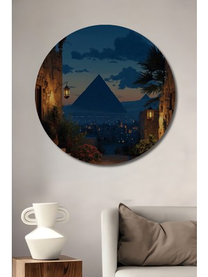 Teona Ahşap Gece Gökkuşağı Altında Piramitler Yağlı Boya Görünümlü Ahşap Dekoratif Tablo Yuvarlak Tablo