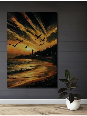 Teona Ahşap Sahildeki Gün Batımı Yağlı Boya Görünümlü Ahşap Dekoratif Tablo Dikdörtgen Tablo