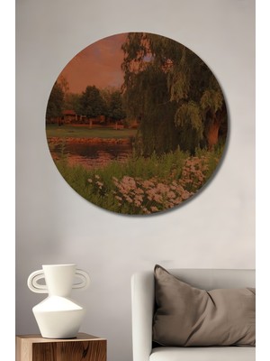 Teona Ahşap Günbatımında Çiçek Açan Bahar Manzarası Yağlı Boya Görünümlü Dekoratif Ahşap Tablo Yuvarlak Tablo