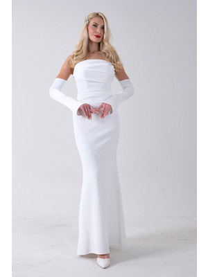 Feminist Beyaz Drapeli Üzeri Işıltı Nokta Detaylı Kollu Abiye 0802502.15