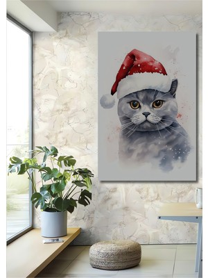Teona Ahşap Noel Baba Şapkalı Sevimli Kedi Sulu Boya Görünümlü Dekoratif Ahşap Tablo Dikdörtgen Tablo