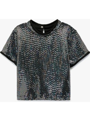 Koton Kısa Kollu Bisiklet Yaka Pullu Payetli Bluz