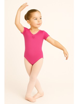 Ada Kostüm Kısa Kol Önü Büzgülü Parlak Likra Bale-Cimnastik Mayosu