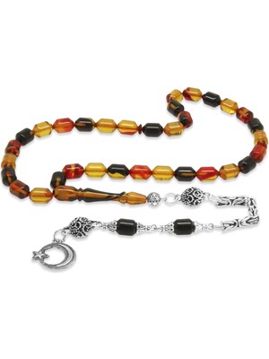 Tesbihane Kararmaz Metal Kral Zincir Püsküllü Uçlu Kapsül Kesim Bala Siyah Renk Ateş Kehribar Tesbih