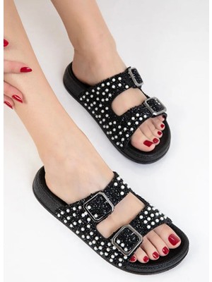 Pienn Işıltılı Taş ve İnci Detaylı Tokalı Siyah Terlik