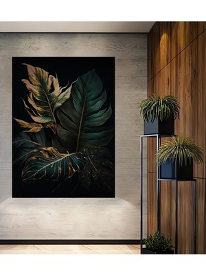 Teona Ahşap Altın Varaklı Yapraklar Yağlı Boya Görünümlü Ahşap Dekoratif Tablo Dikdörtgen Tablo