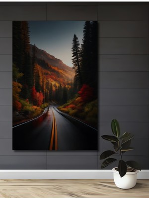 Teona Ahşap Sonbahar Orman Yolu Yağlı Boya Görünümlü Ahşap Dekoratif Tablo Dikdörtgen Tablo