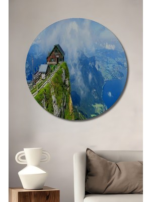 Teona Ahşap Alplerin Zirvesindeki Ev Yağlı Boya Görünümlü Ahşap Dekoratif Tablo Yuvarlak Tablo