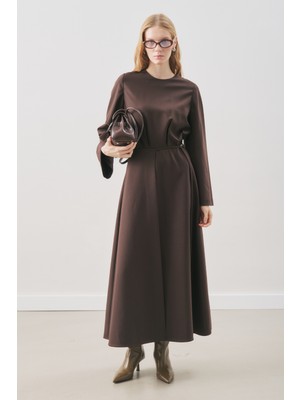 Manuka Anvelop Etekli Klasik Elbise Acı Kahve