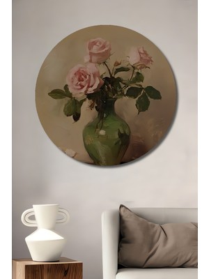 Teona Ahşap Pembe Güller Yağlı Boya Görünümlü Ahşap Dekoratif Tablo Yuvarlak Tablo