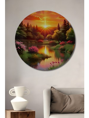 Teona Ahşap Gün Batımı Manzaralı Sulu Boya Görünümlü Yağlı Boya Sanat Dekoratif Ahşap Tablo Yuvarlak Tablo