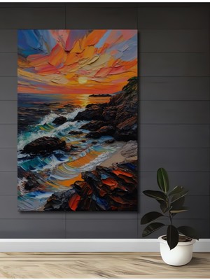 Teona Ahşap Muhteşem Gün Batımı Deniz Kayalıkları Yağlı Boya Görünümlü Ahşap Dekoratif Tablo Dikdörtgen Tablo