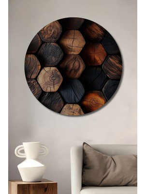 Teona Ahşap Ahşap Dekoratif Tablo Modern Sanat Altıgen Kütük Tasarımı Yağlı Boya Görünümlü Yuvarlak Tablo