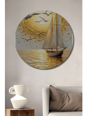 Teona Ahşap Altın Güneşin Kanat Çırpan Martılarla Yelkenlisi Yağlı Boya Görünümlü Modern Sanat Ahşap Tablo