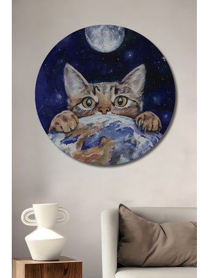 Teona Ahşap Uzay Kaşifi Kedi Sulu Boya Görünümlü Ahşap Dekoratif Tablo Yuvarlak Tablo